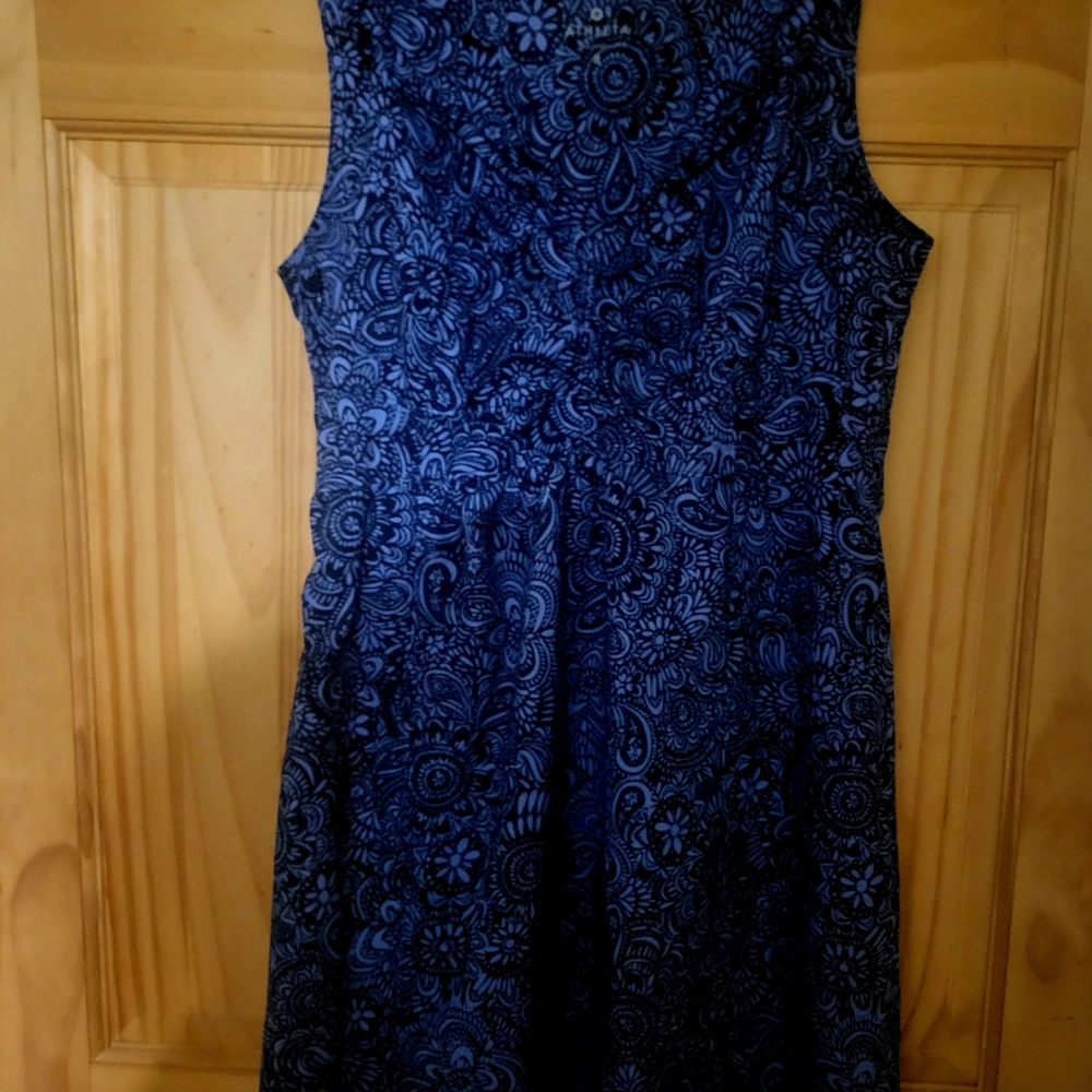 Athleta Blue A-Line Midi Dress Sleeveless Crew Neck